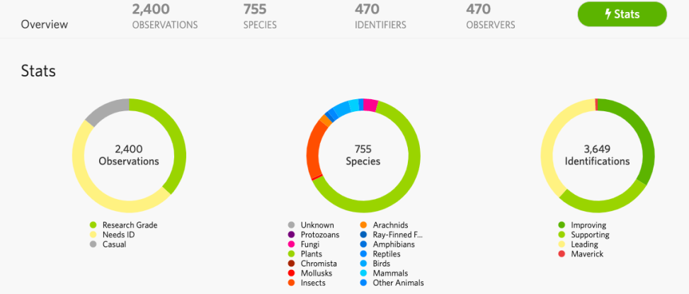 Image of Macaulay Remote BioBlitz stats with three circles showing 2440 observations, 755 species, and 3649 observation identifications