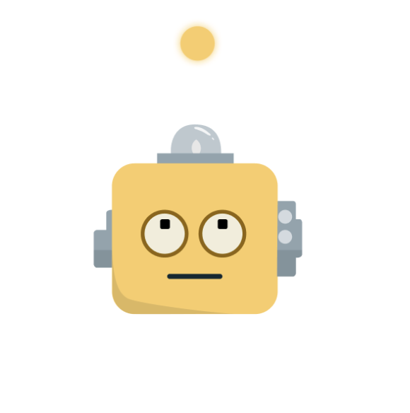 A drawing of a robot head with inquisitive eyes and a yellow dot