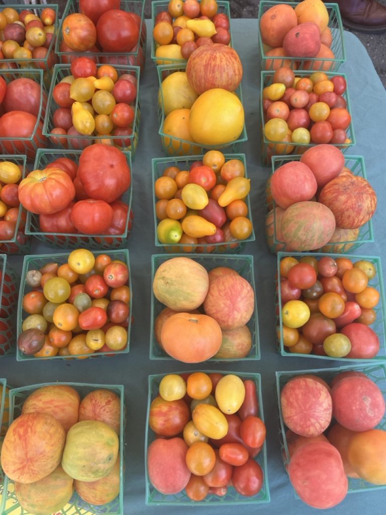 small plastic baskets of small and medium tomatoes of different colors
