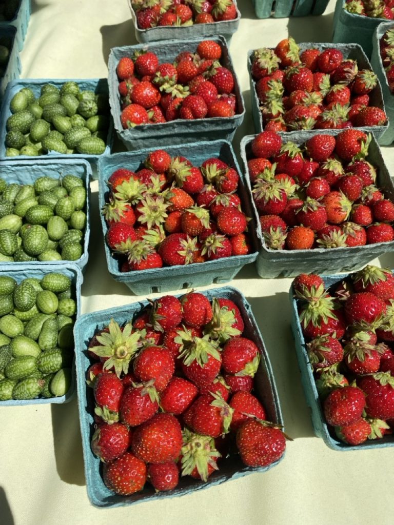 paper pint baskets of strawberries and a tiny cucumber variety 