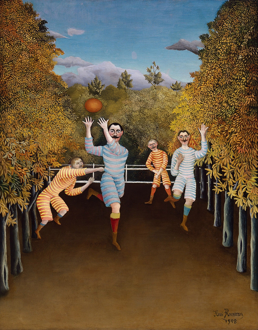 Men in striped uniforms play with a ball in an allée in a crudely painted scene by Henri Rousseau.