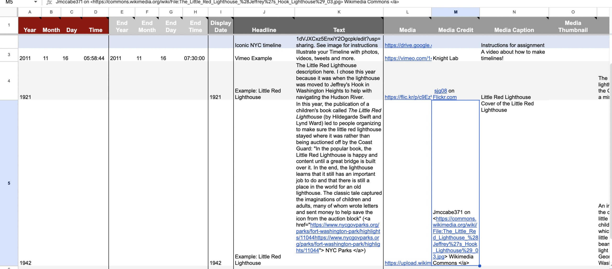 Screenshot of Google sheet showing how it looks to do two rows in the sheet for different years.