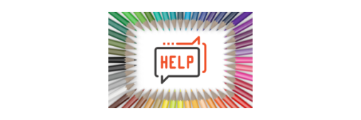 A text bubble with the word HELP in the middle, surrounded by a border of rainbow ordered colored pencils
