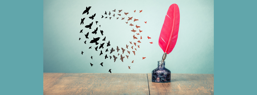A wooden desk with an ink bottle and a red feather quill in it. A flock of birds swirls in the background.