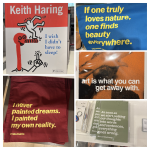 Images of totes and books with the words of artists
