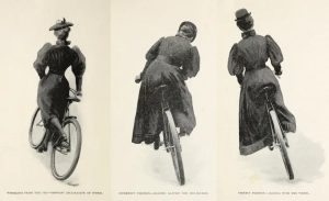 Image captured bt Alice Austen of Gertrude Tate showing women how to ride a bicycle.
