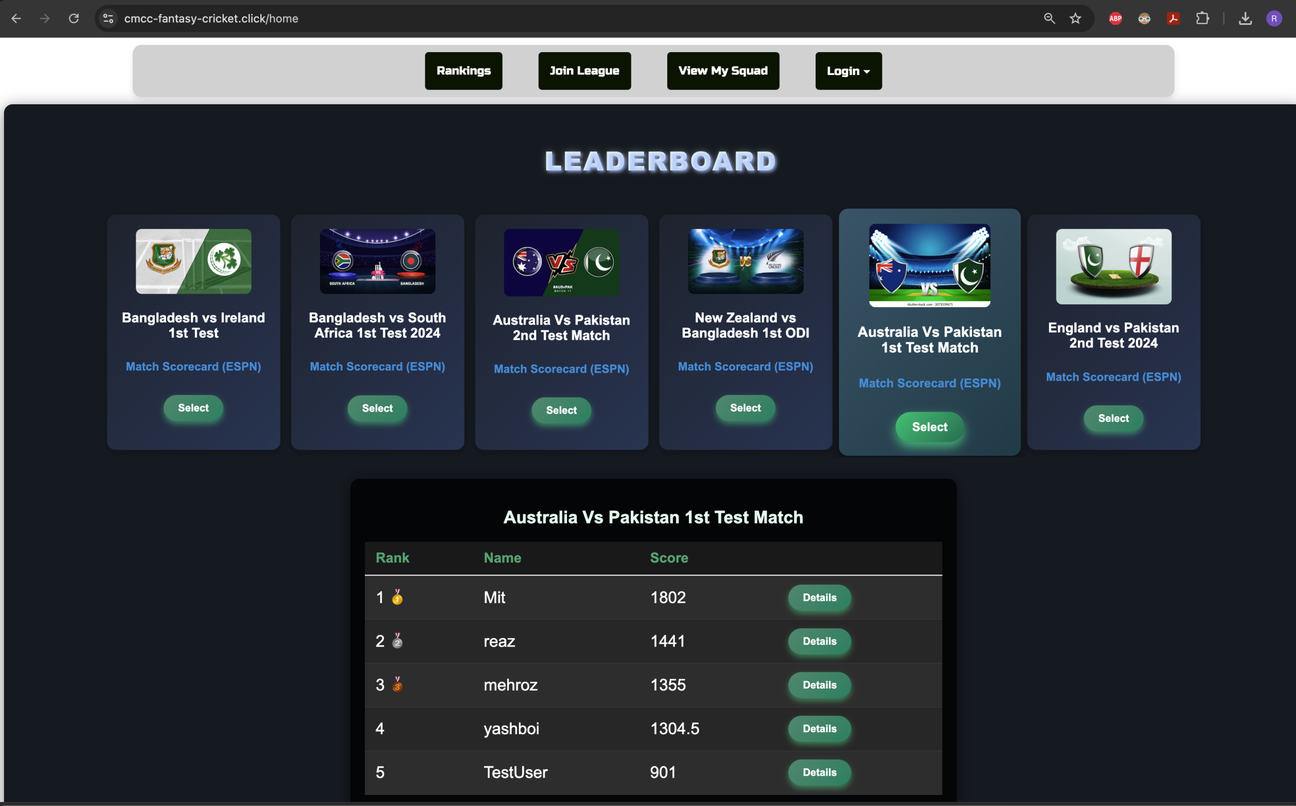 Fantasy Cricket Site (Full Stack)