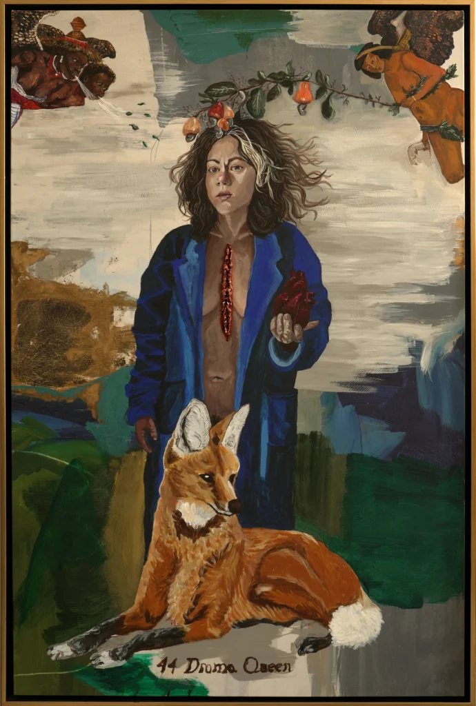 Painting of woman in a landscape with a fox. 