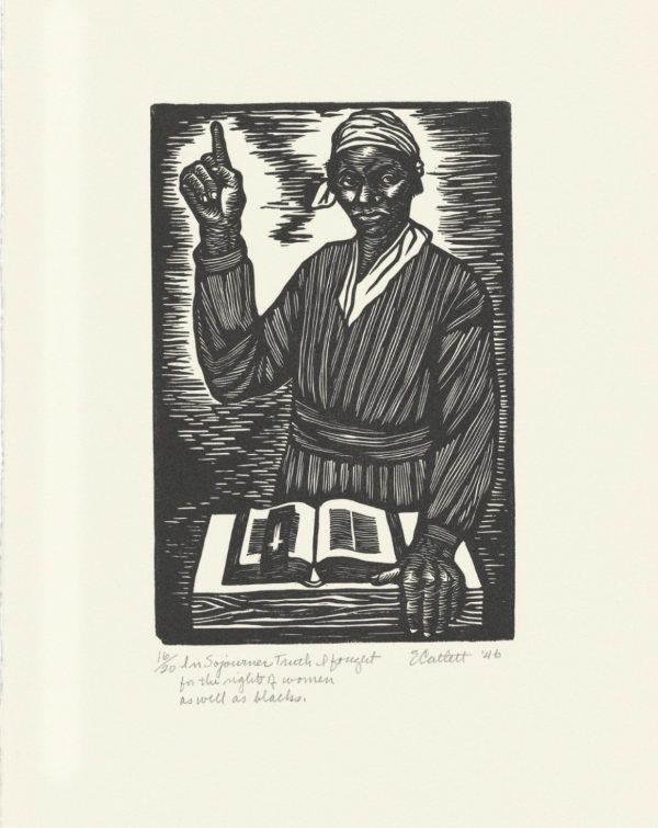 Caption: Sojourner Truth raising her hand beside an open book, representing her fight for freedom, equality, and women’s rights.