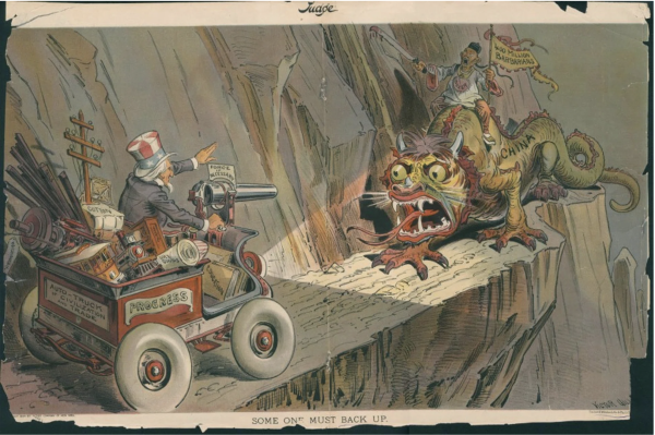 An illustration in US satirical magazine Judge showing the China-US conflict, 1890s. The caption reads "Someone must back up", and the image depicts China as a fierce dragon.