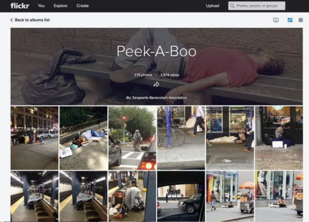 Screenshot of the SBA's "Flickr" profile entitled "Peek-A-Boo." The header of the page is an unhoused man on a bench, and the profile contains 12 other images of unhoused individuals throughout NYC.
