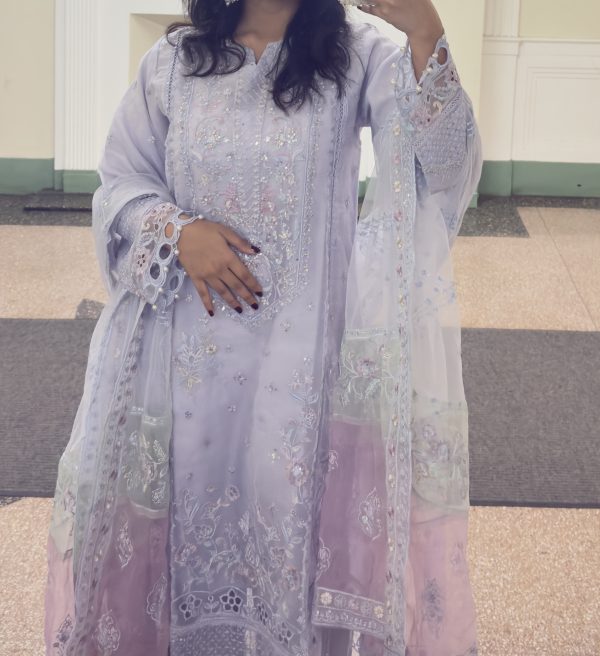 A picture of me wearing a traditional Bengali lavender Salwar Kameez.